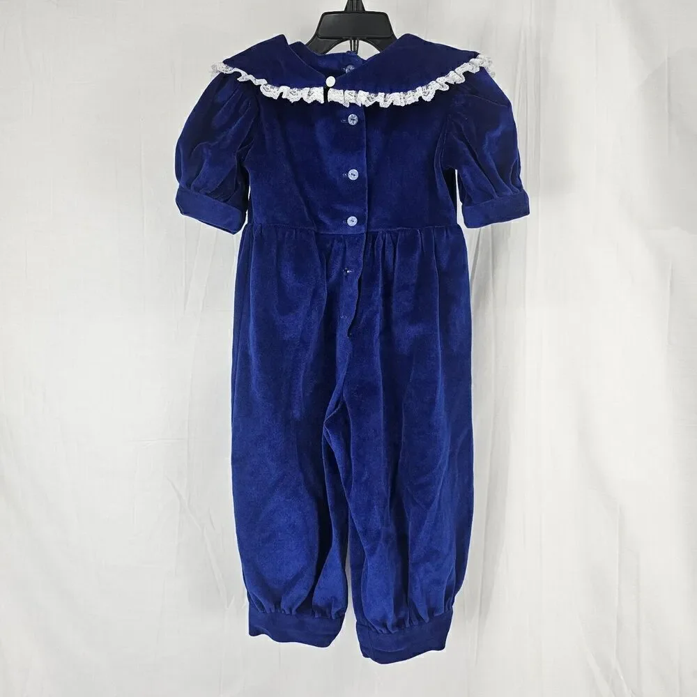 Vintage Bubble Jumpsuit With Collar  Blue Velvet Material Fits Girl Size 2/3